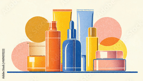Creative illustration of various colorful cosmetic products in containers standing against off white background with abstract circles