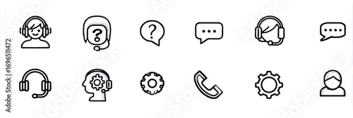 Customer support vector icons featuring help assistance and call center operators solutions and settings gears