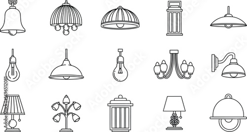 Collection of diverse lighting fixtures, from elegant chandeliers to modern lamps, in line art style.