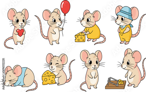 Cartoon mice, character illustration, cute rodents, heart balloon, cheese scene, sleeping mouse, fashion outfit, emotional poses, stylized animal, storytelling asset, cartoon vector, 