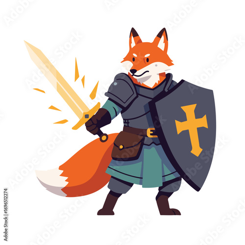 A cartoon fox wearing armor holds a glowing sword and shield with a cross