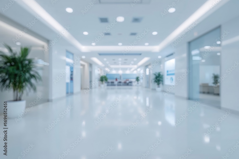 Fototapeta premium Panoramic view of a wide corridor with a soft light blue blurred backdrop in a commercial building