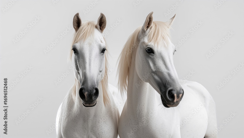 Obraz premium Elegant white horses standing together on a clean white background. Bright, high-key photography.