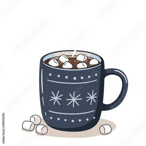 Hot chocolate in black mug topped with marshmallows , vector illustration on transparent background  