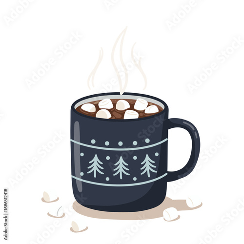 Hot chocolate with marshmallows in a festive mug, vector illustration on transparent background  