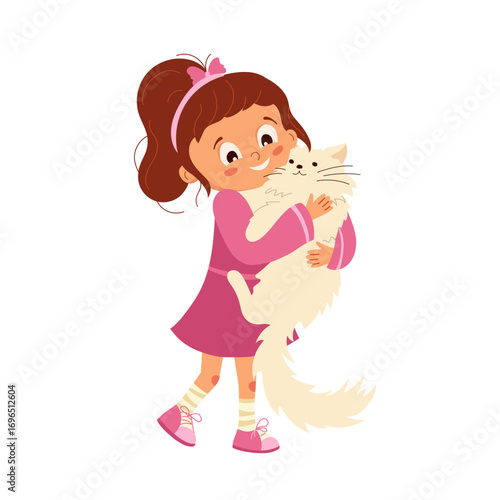 Happy girl in pink dress hugging her fluffy white cat. Cute child with pet, showing tenderness, warmth and love. Cartoon vector character for kids design, posters. Small animal friend