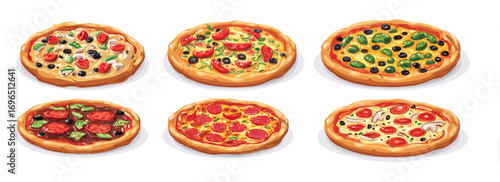 Delicious Assortment of Italian Pizza Variations Freshly Baked with Mouth Watering Toppings isolated on White Background