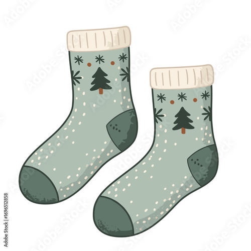 Cozy green winter socks with tree design, vector illustration on transparent background  