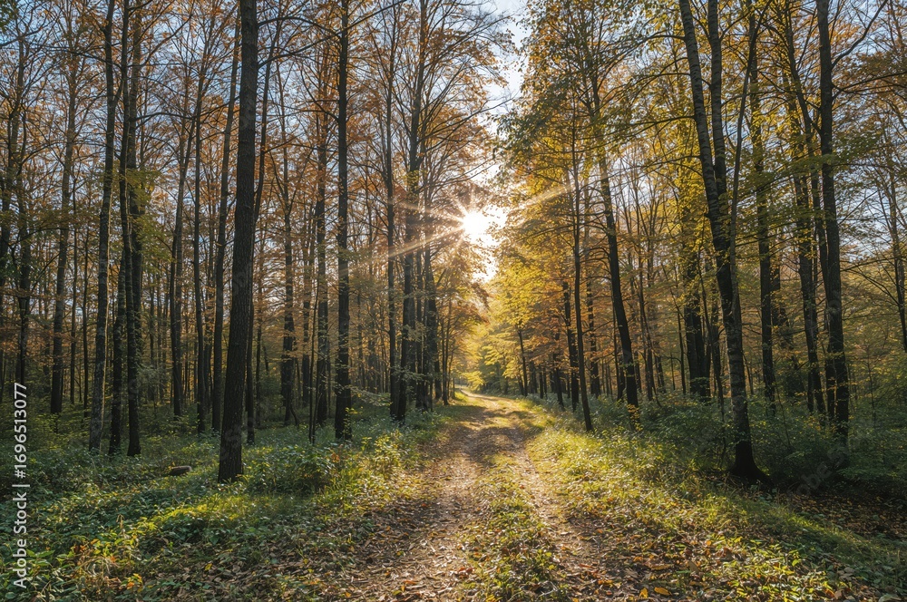 Fototapeta premium Stunning view of a trail illuminated by vibrant sunlight filtering through a forest