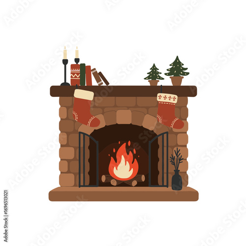 Cozy fireplace with stockings and candles, concept of winter vector illustration on transparent background  