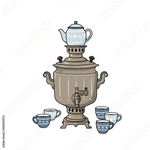 Vintage samovar with teapot and cups in traditional style, vector illustration on transparent background   