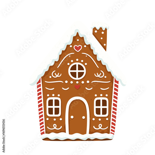 Gingerbread house with icing and candy decorations , vector illustration on transparent background  