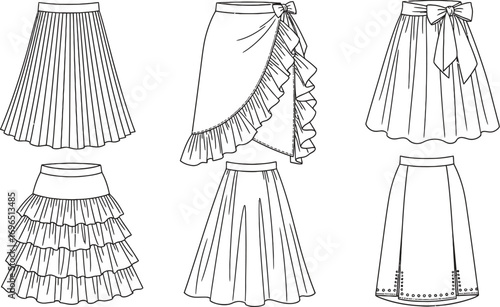 Collection of elegant skirt fashion sketches showcasing various styles and designs
