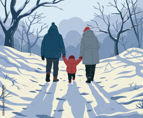 Winter Scene of a Couple with Their Child Walking in Snow. Cozy Family Moment Captured in Seasonal Illustration for Holiday Cards, Posters, or Parenting Designs.