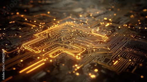 High Tech Golden Circuit Board Design with Intricate Wiring and Illuminated Components