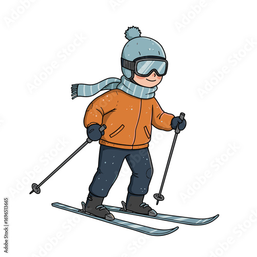 Young boy skiing on snowy slopes in winter vector illustration on transparent background  
