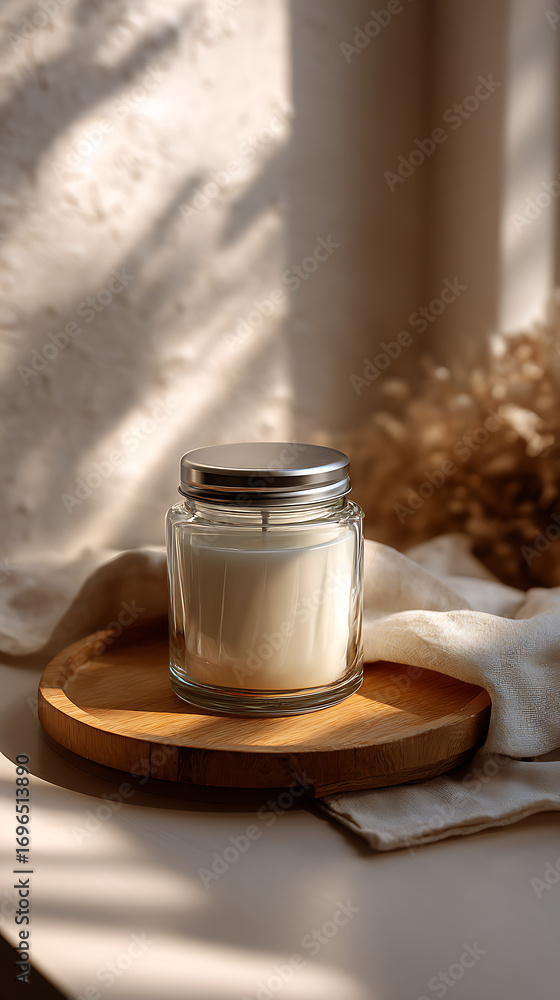 Obraz premium Scenic Candle in Glass Jar on Wooden Tray