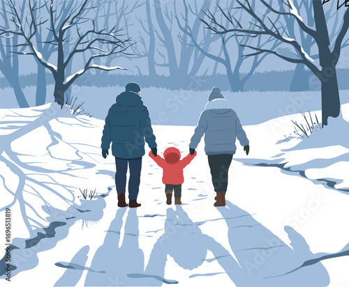 Winter Scene of a Couple with Their Child Walking in Snow. Cozy Family Moment Captured in Seasonal Illustration for Holiday Cards, Posters, or Parenting Designs.