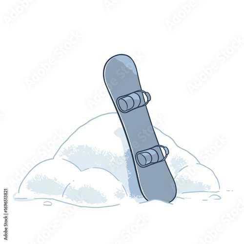 Snowboard resting on a snow mound in a winter landscape, vector illustration on transparent background    