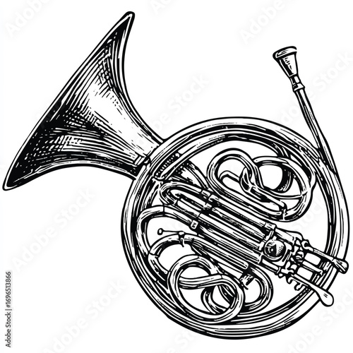 Detailed illustration of a French horn highlighting its intricate design and graceful curves instrument for music projects