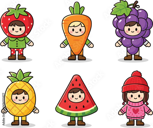 Fruit costume characters, vegetable outfit kids, playful cartoon, healthy food theme, colorful illustration, children dress-up, fun concept, cute design