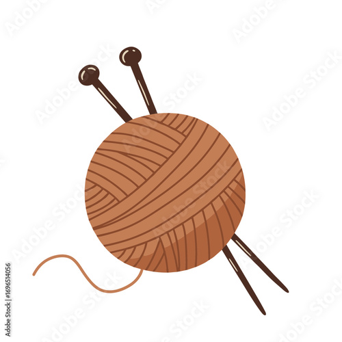Brown yarn ball with knitting needles for crafting and hobbies  