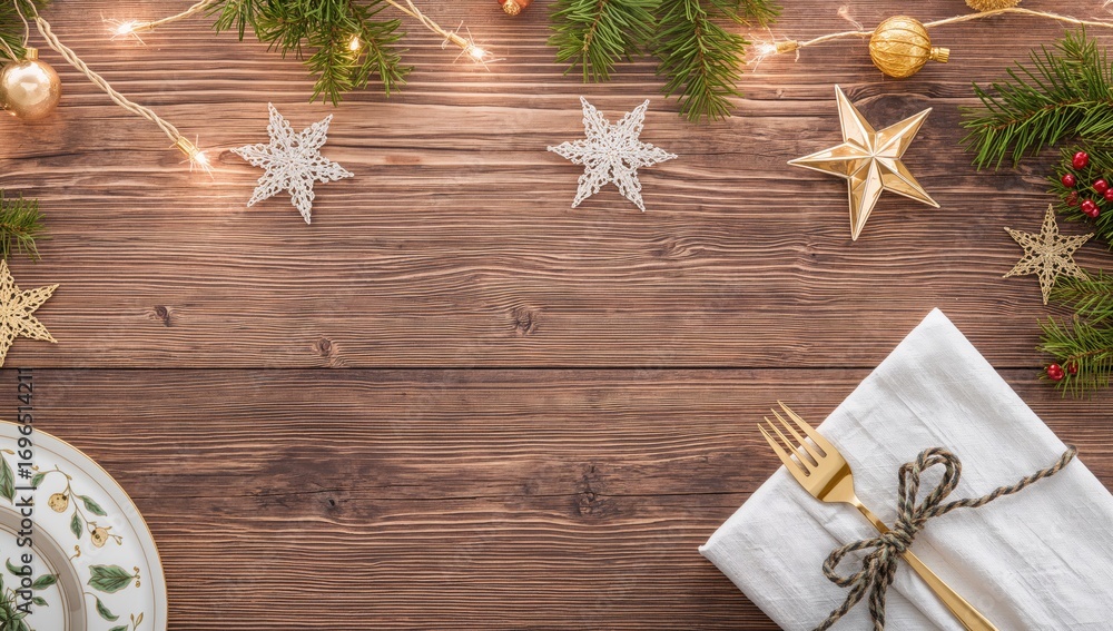 Obraz premium Festive holiday dinner setup featuring a plate and gold utensils on a light wooden surface with seasonal ornaments and decorations, overhead view with empty space