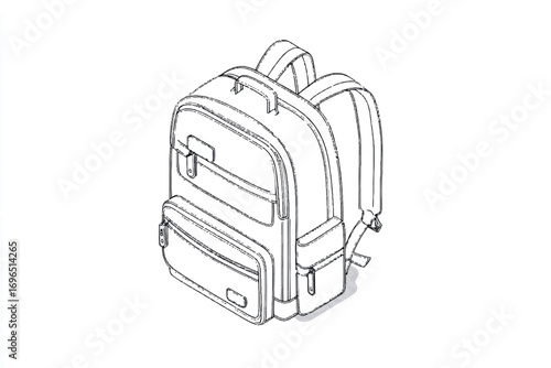Detailed line art illustration of a modern backpack design with multiple compartments and shoulder straps