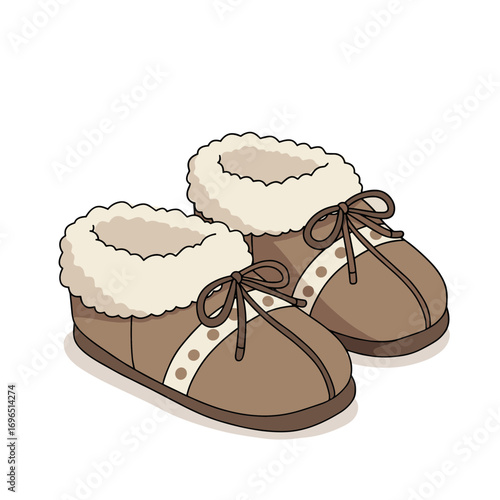 Cozy brown slippers with fluffy lining for winter vector illustration  