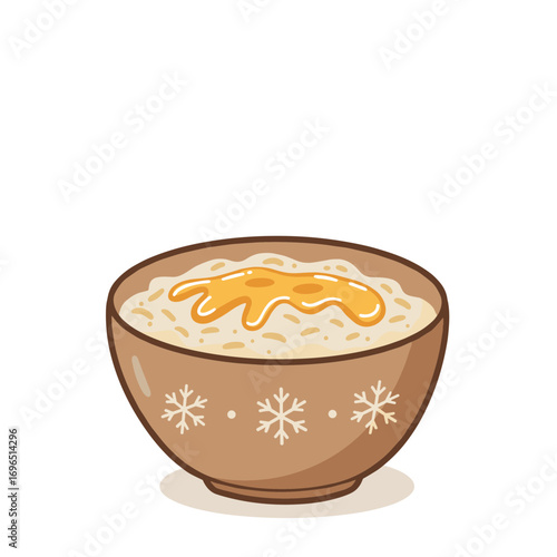 Bowl of warm oatmeal topped with honey and snowflakes design  