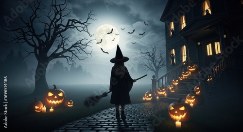 Little witch walking towards haunted house on halloween night under full moon