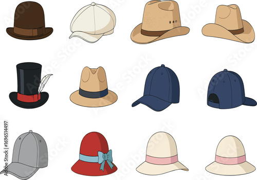Hat illustration set, cartoon headwear styles, fashion accessories, diverse hat types, clothing design, cultural headwear, stylish caps, costume reference