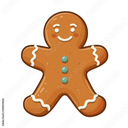 Gingerbread man with a smiling face and icing decoration, vector illustration on transparent background    