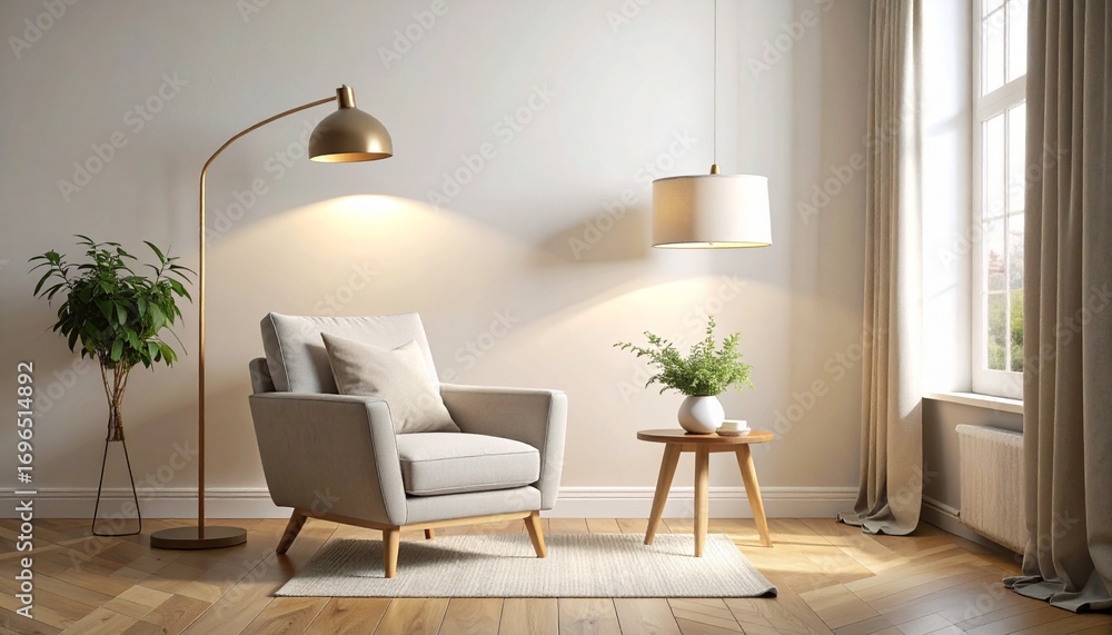 Fototapeta premium A cozy and modern living room interior featuring a comfortable armchair, warm lighting from two lamps, and natural light from a window.