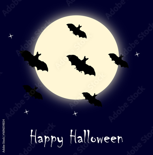 Halloween card with a full moon, stars and bats flying across the night sky
