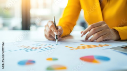 Business person analyzing financial charts and graphs