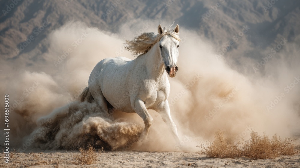 Obraz premium The galloping horse is flying with dust