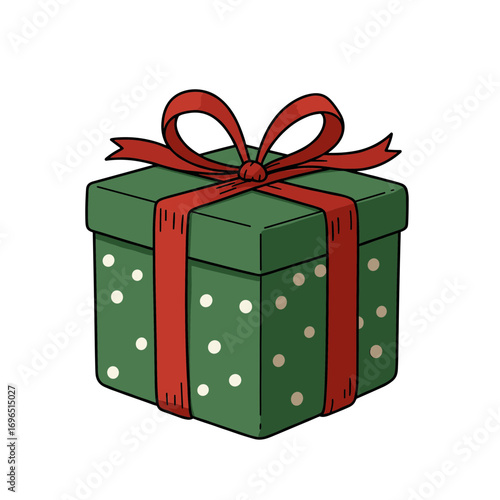 Green gift box with red ribbon, vector illustration on transparent background  for winter holidays  