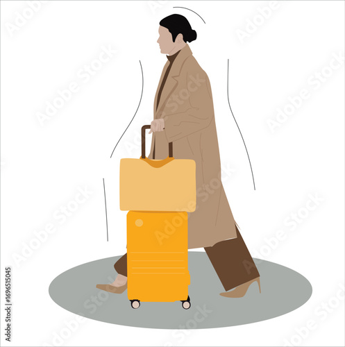 woman pushing suitcase. woman Traveler Struggling with Heavy Luggage.