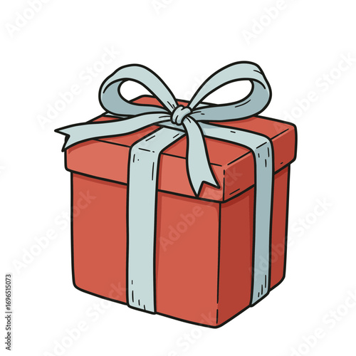 Red gift box with blue ribbon tied on top, vector illustration on transparent background  