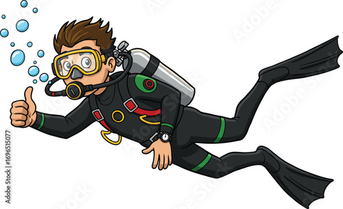 Cartoon scuba diver underwater, male character in diving suit, snorkeling gear illustration, ocean explorer with bubbles, thumbs up pose