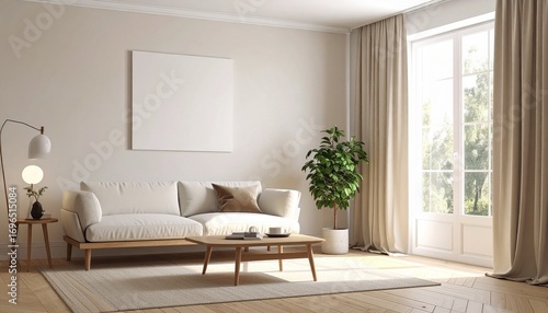 Bright and minimalist living room with a white sofa, wooden furniture, a large window, and a potted plant.