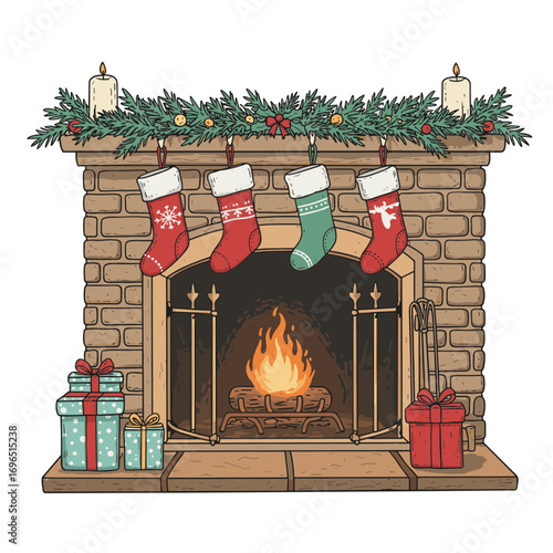 Cozy fireplace decorated with stockings and gifts for winter holidays vector illustration on transparent background  