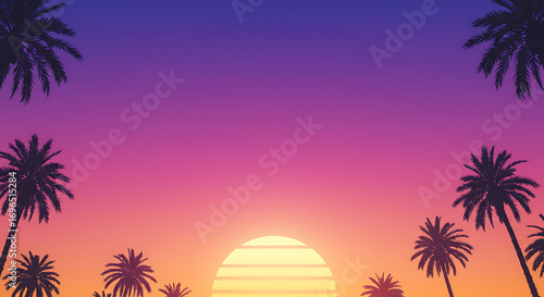 Vaporwave retro sunset with palm silhouette