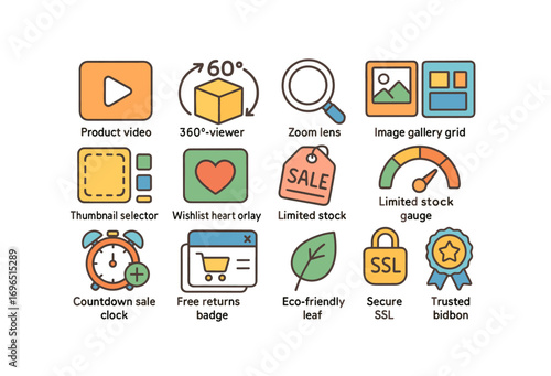 Commerce and sale flat icon set. shopping, discount, store, secure icons