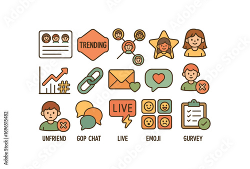 Social media flat icon set. chat, interact, network icons flat collection