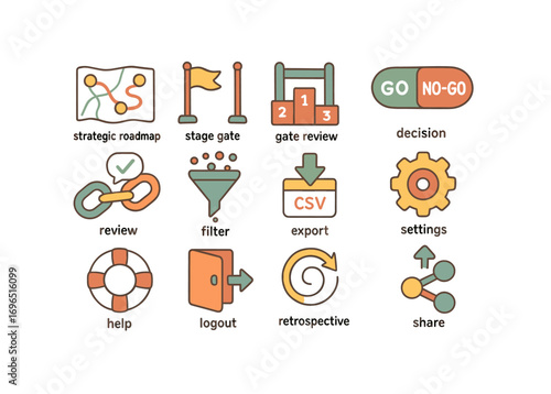 Project management flat icon set. workflow, process, planning, settings tools