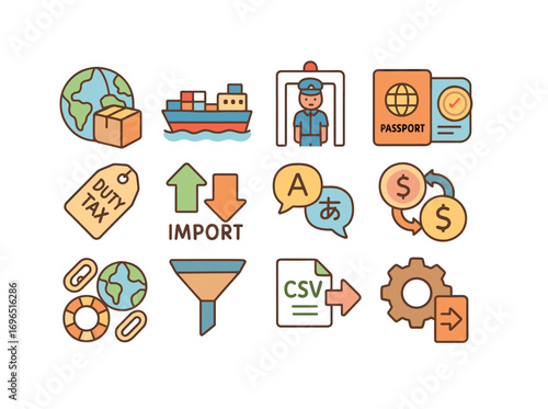 Travel and transport flat icon set. passport, customs, import flat icons collection