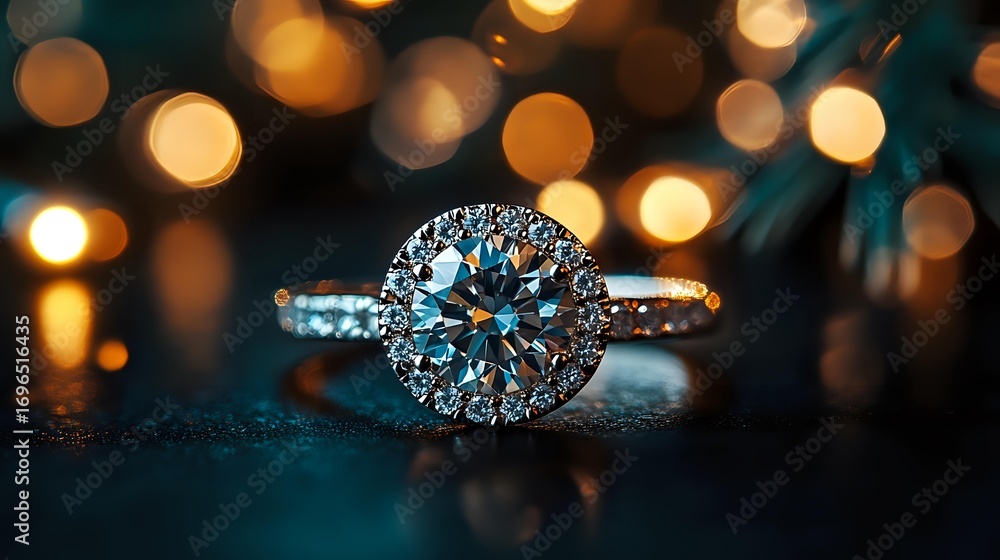 Fototapeta premium Diamond engagement ring with round brilliant cut center stone surrounded by halo setting on dark background with golden bokeh lights creating romantic atmosphere.