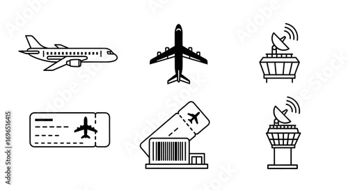 Collection of various aviation-related icons, including airplanes, tickets, and control towers.